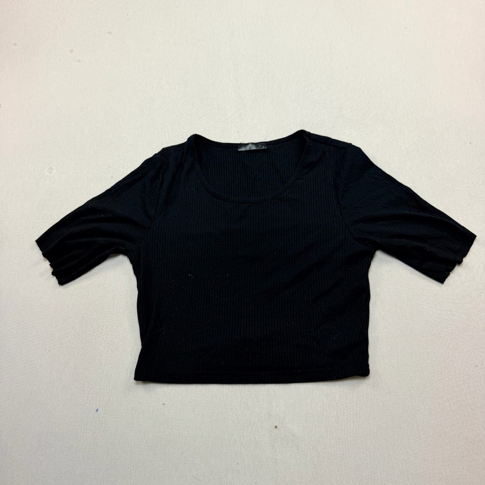 SHEIN Ribbed Crop Top Women Medium Black Excellent Short Sleeve Scoop Neck 7101